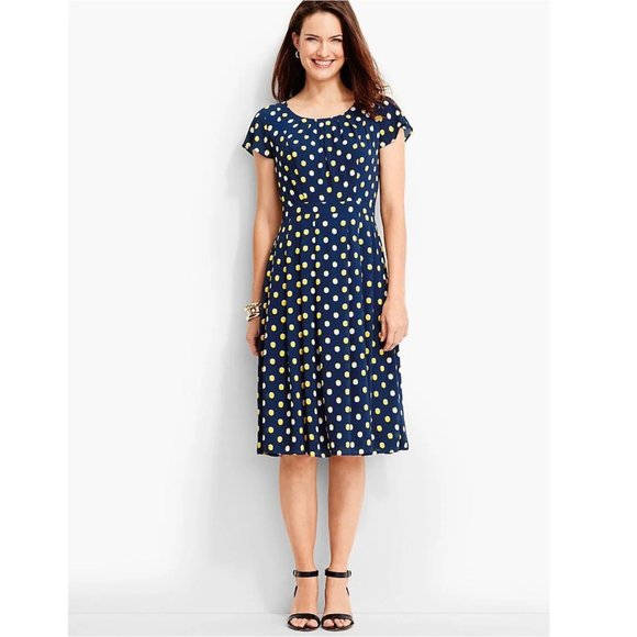 NEW Talbots Flutter Sleeve Polka Dot Fit Flare Dress Chiffon Navy size 14 W - Picture 2 of 6